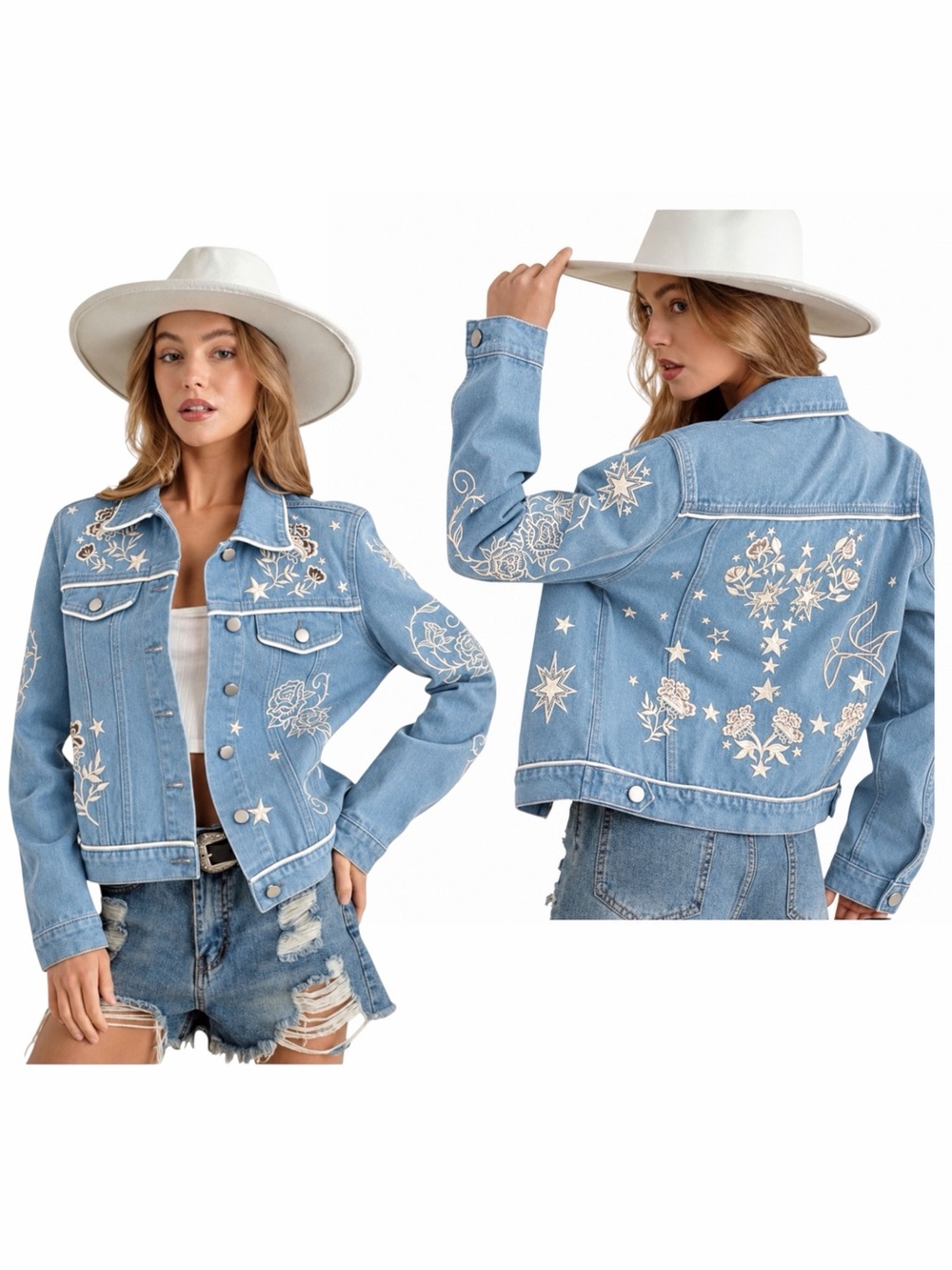 NEW Blue b Silver White Embroidered Star Floral Flower Bird Star Denim Jacket